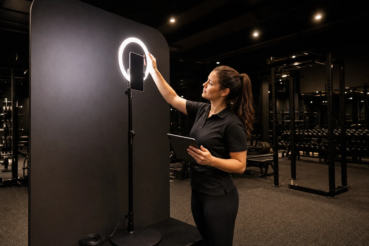 A gym operator adjusts the ring light of a selfie station in a dim boutique gym before opening.