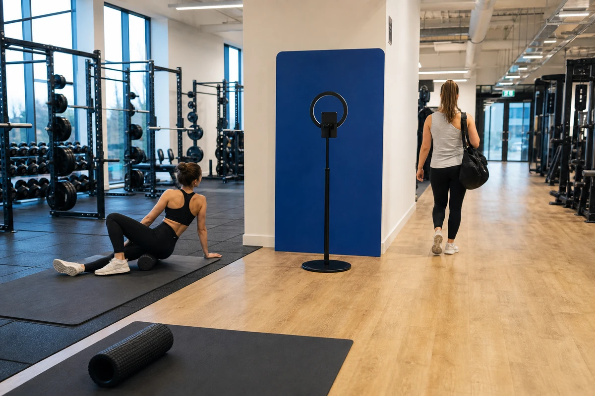 Wide view of a gym floor showing a branded selfie station placed at the edge of the stretching and cooldown area near the exit walkway.