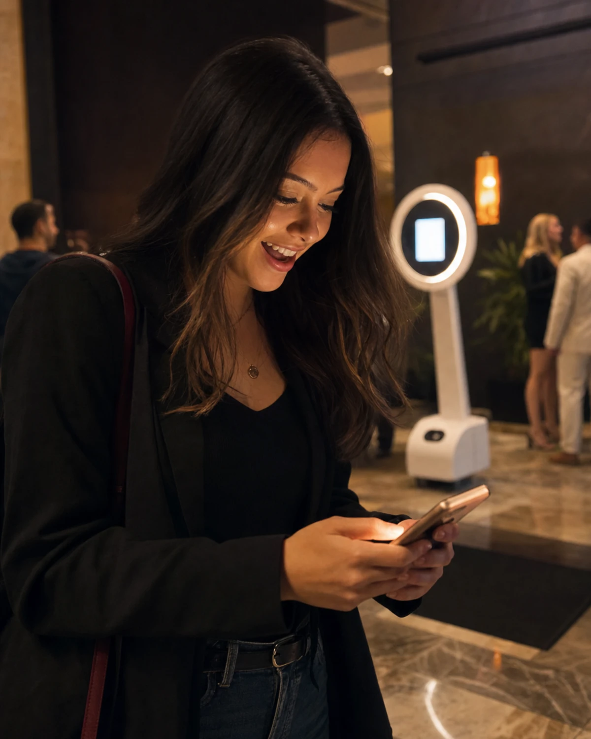 A hotel guest in the lobby smiles while looking at a phone showing the photo just received from the photo booth blurred behind them.