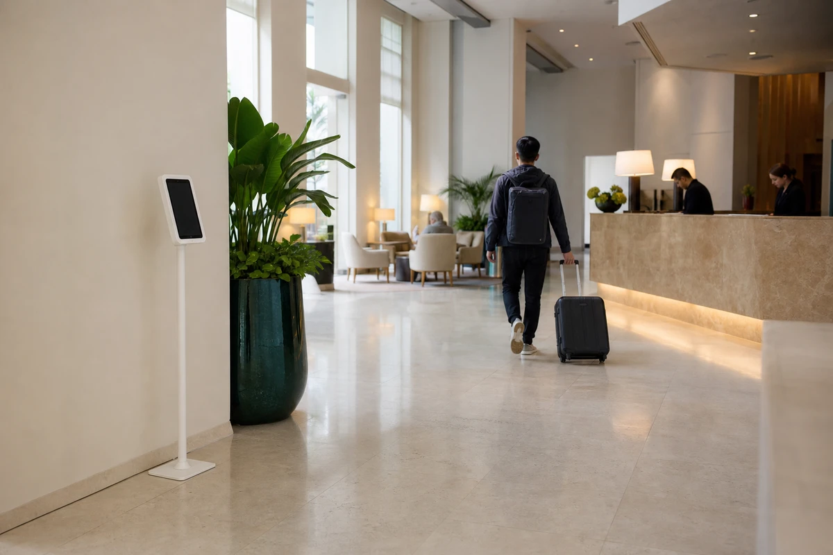 Wide view of a bright hotel lobby with a slim iPad photo booth standing against a clean wall near the check-in desk, open floor space around it, and a guest passing with a suitcase.