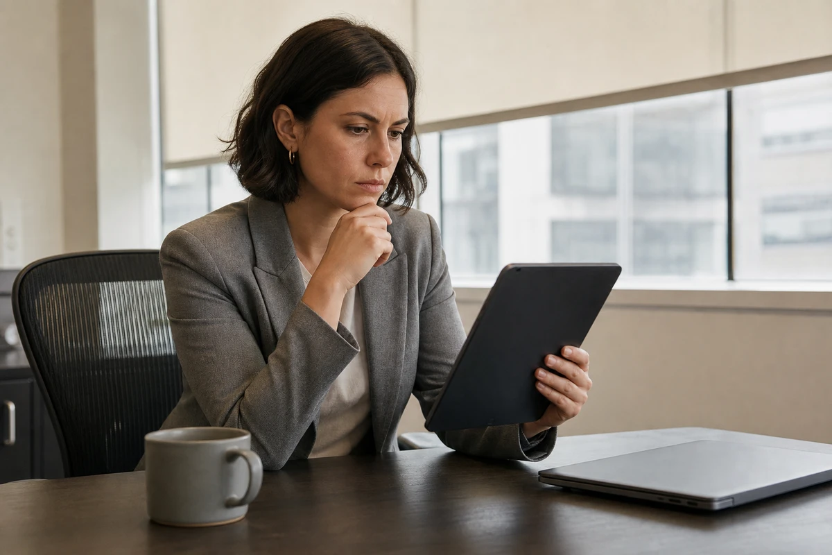 A hotel marketing manager at a back-office desk reviews photo booth performance on a tablet held at an angle, its screen turned away from view.