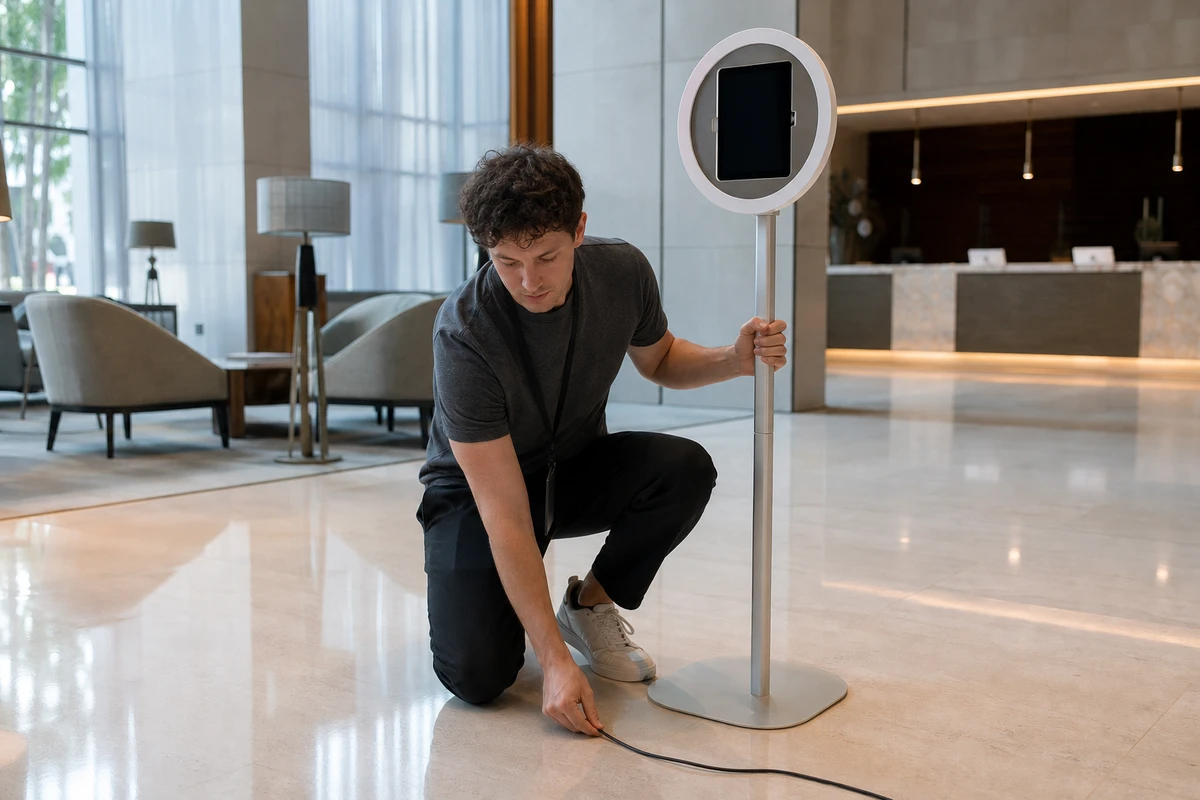 A photo-booth operator kneels beside a slim iPad photo booth in an empty hotel lobby at an off-peak hour, steadying the stand and tucking away a power cable.