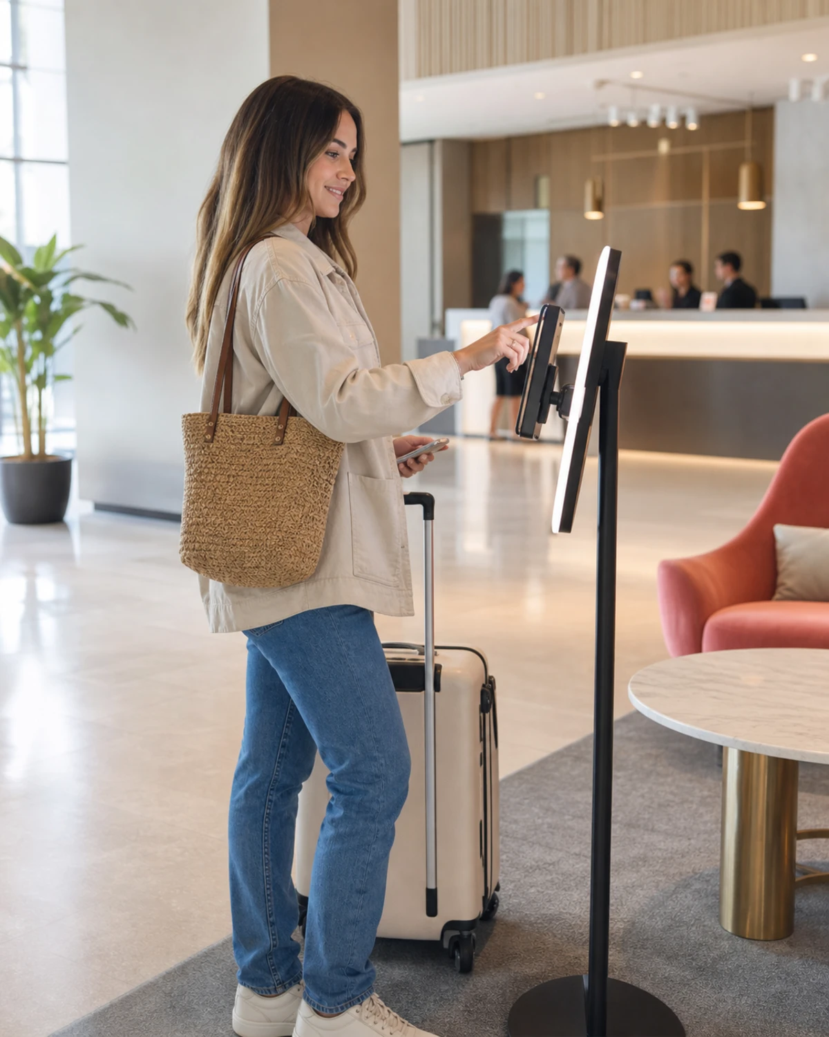 A traveler with a small wheeled suitcase engaging with a lobby photo station just after checking in.
