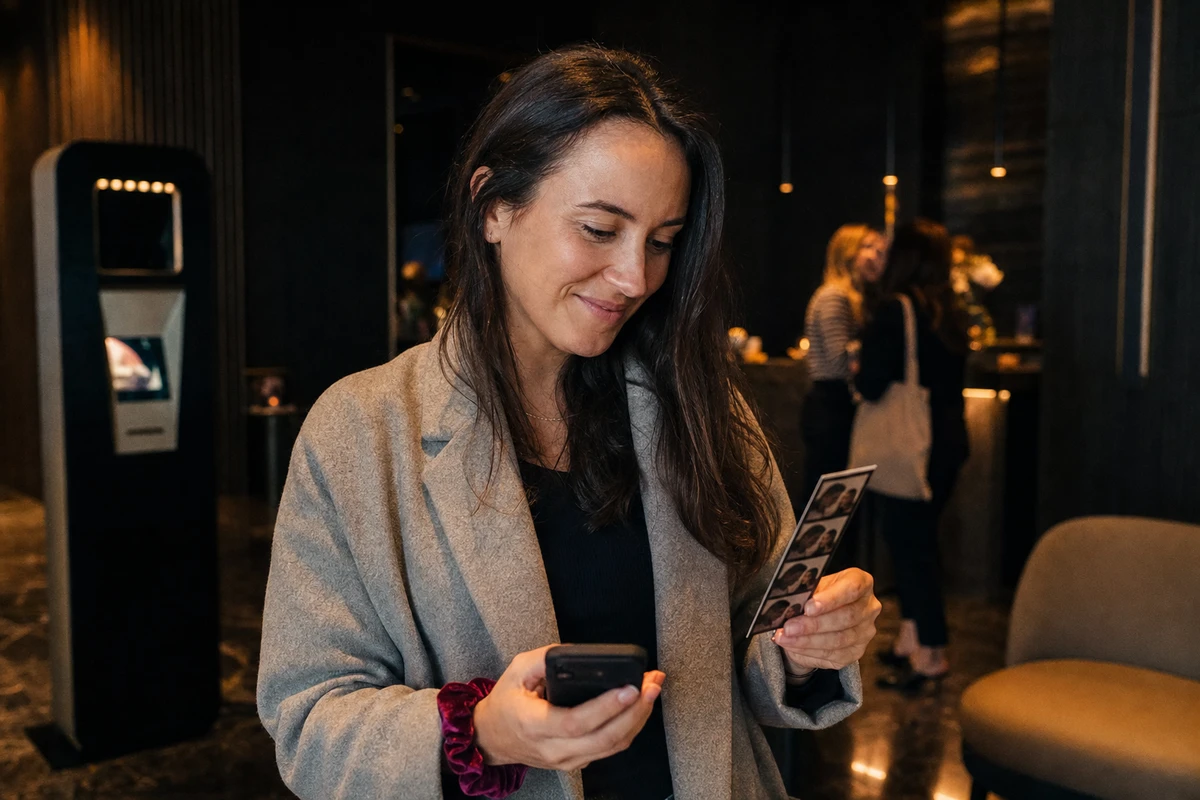 A hotel guest in the lobby smiling at a freshly printed photo strip, phone in hand, ready to share it.