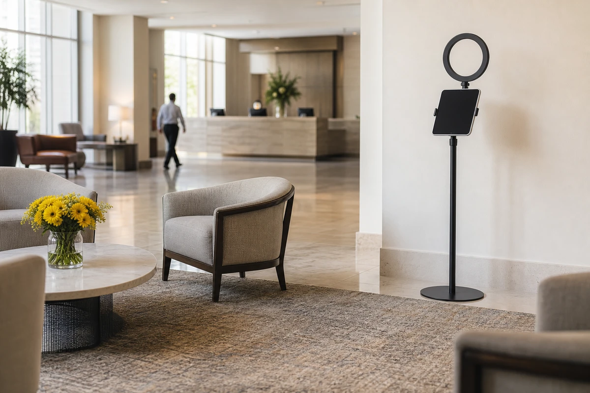 A quiet hotel lobby on a weekday afternoon with a compact photo-booth station set against a side wall, clear of the reception desk and the main walkway.