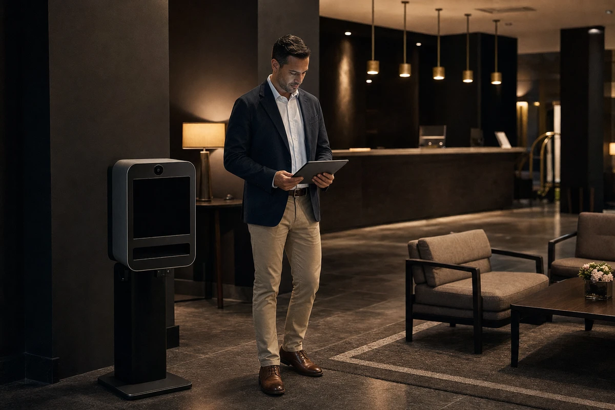 A hotel venue manager reviewing results on a tablet beside an idle photo station in a quiet, reset lobby.