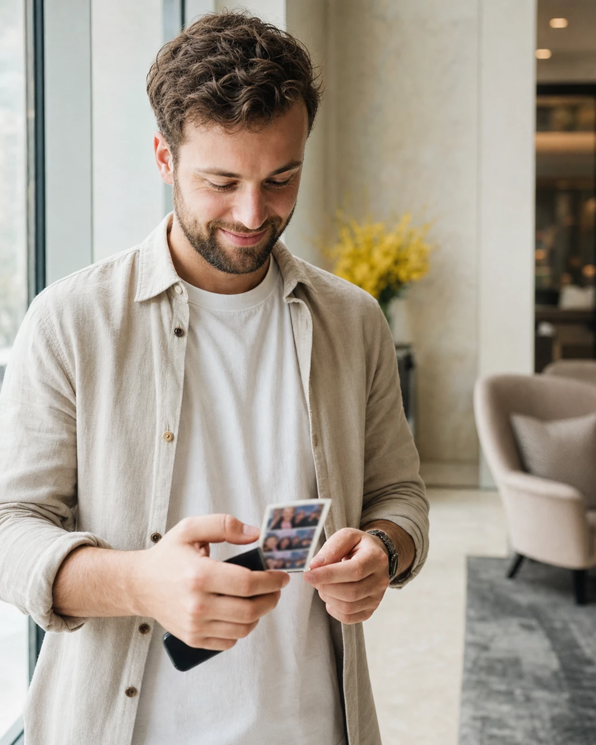 A single hotel guest by a tall lobby window looking happily at a freshly printed photo strip held in both hands
