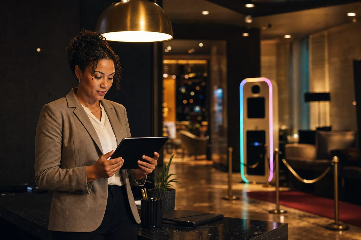 A hotel venue manager standing at a lobby side desk reviewing results on a tablet, with a branded photo station out of focus behind