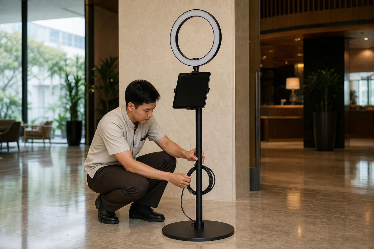 A hotel staffer crouched beside a branded photo station in a lobby corner, adjusting the stand and coiling a cable between sessions