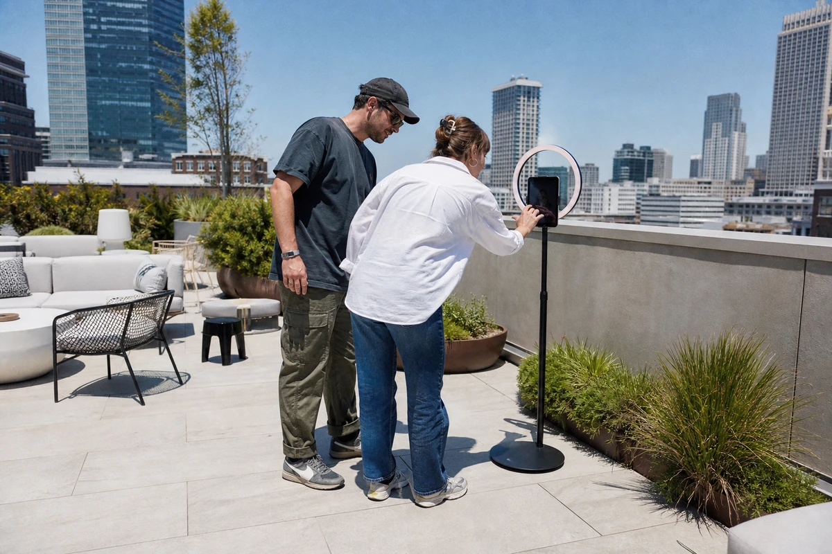 A branded photo station placed against the low wall of a hotel rooftop terrace at golden hour, with guests and the city skyline behind
