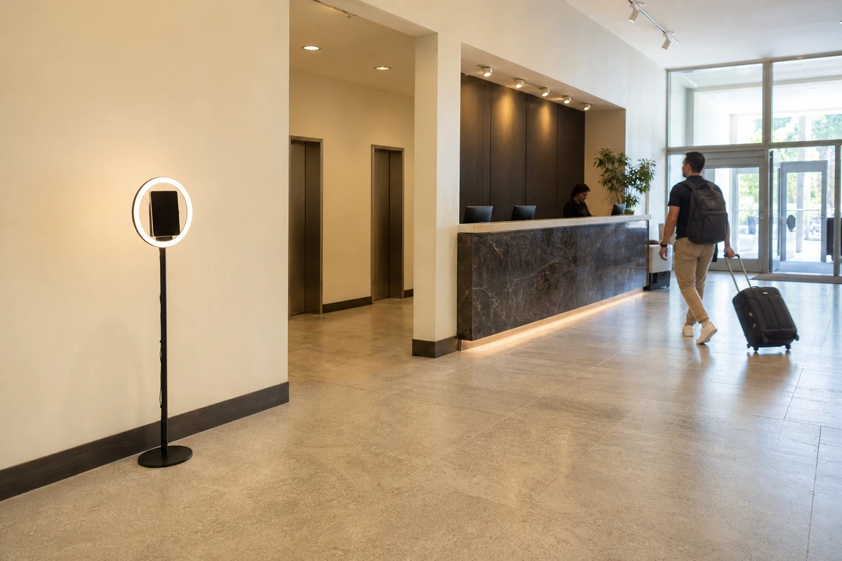 A compact permanent photo booth stands against a cream wall in a select-service hotel lobby, with clear floor space between it and the front desk and elevators.