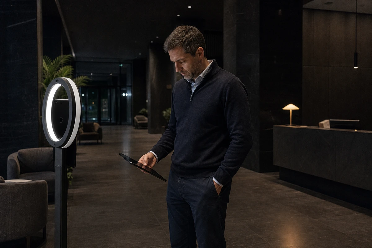 A hotel operations manager stands beside an idle lobby photo booth at the end of the evening, reviewing the night on a tablet held screen-down.