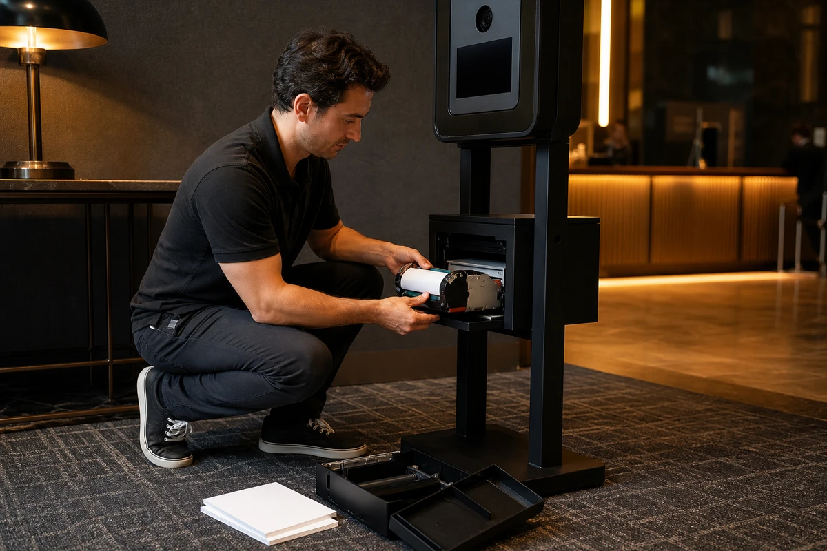 A photo-booth operator crouches beside a hotel lobby booth, loading a fresh paper-and-ribbon media kit into its open printer.