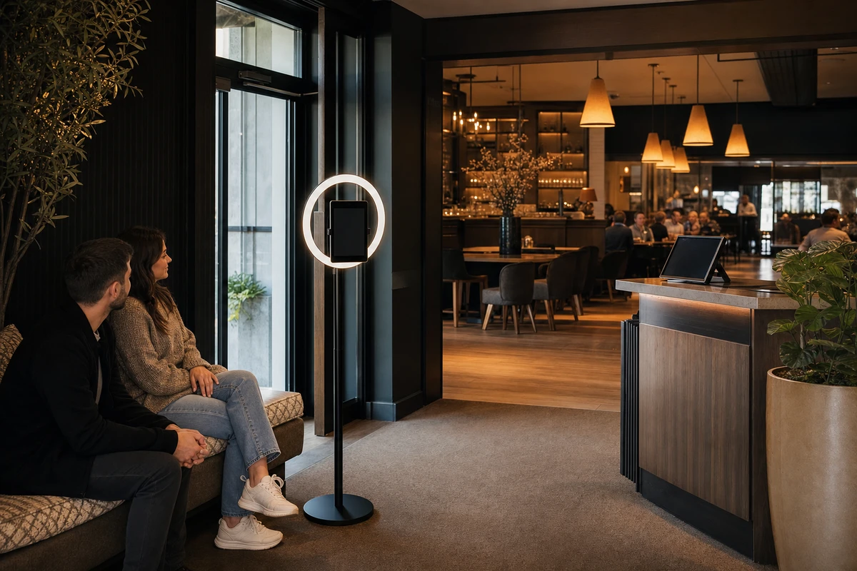 Wide view of a restaurant front of house with a photo booth placed in the waiting area beside the host stand, clear of the dining tables and entrance.