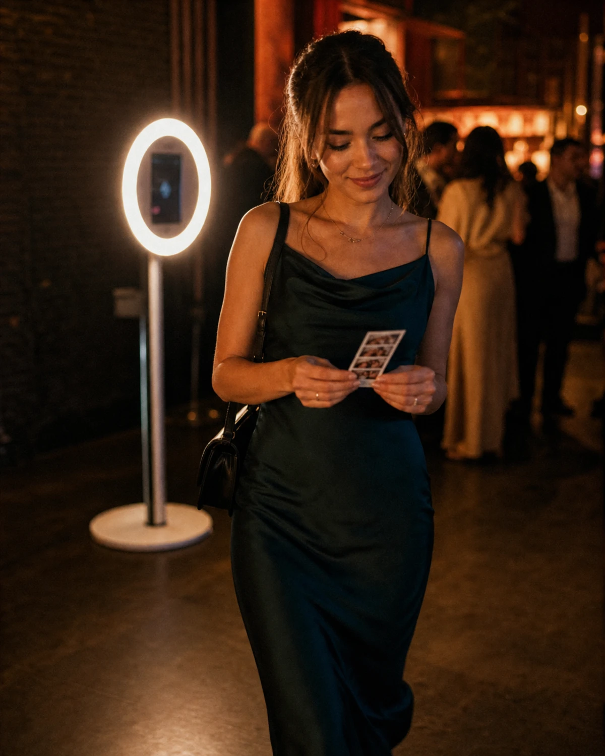 A guest walking away from a photo booth in an entertainment venue, smiling down at the printed photo strip held in her hands.
