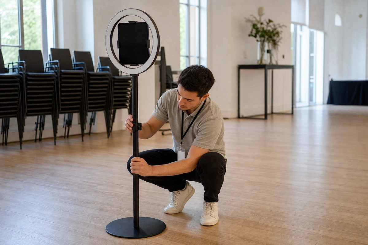 A photo-booth operator crouching to adjust the ring-light stand of an iPad booth in an empty event room before guests arrive.