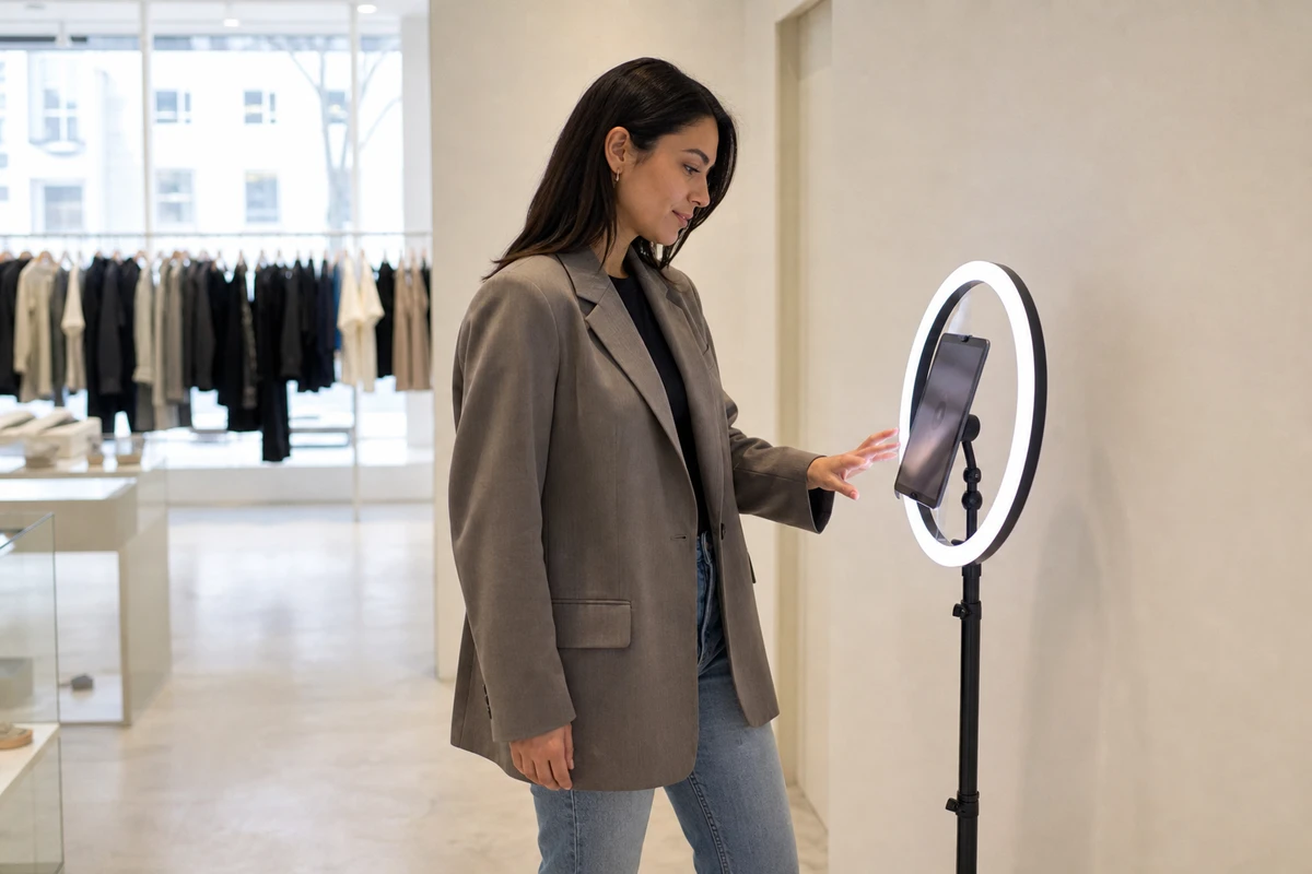 A lone shopper calmly using an iPad photo booth on her own at the quiet edge of a bright retail floor, with no staff or queue around her.