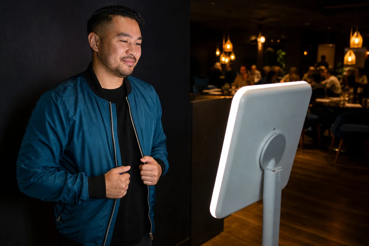 A single guest poses for a photo at a bright, responsive iPad photo-booth kiosk in a restaurant lounge corner.