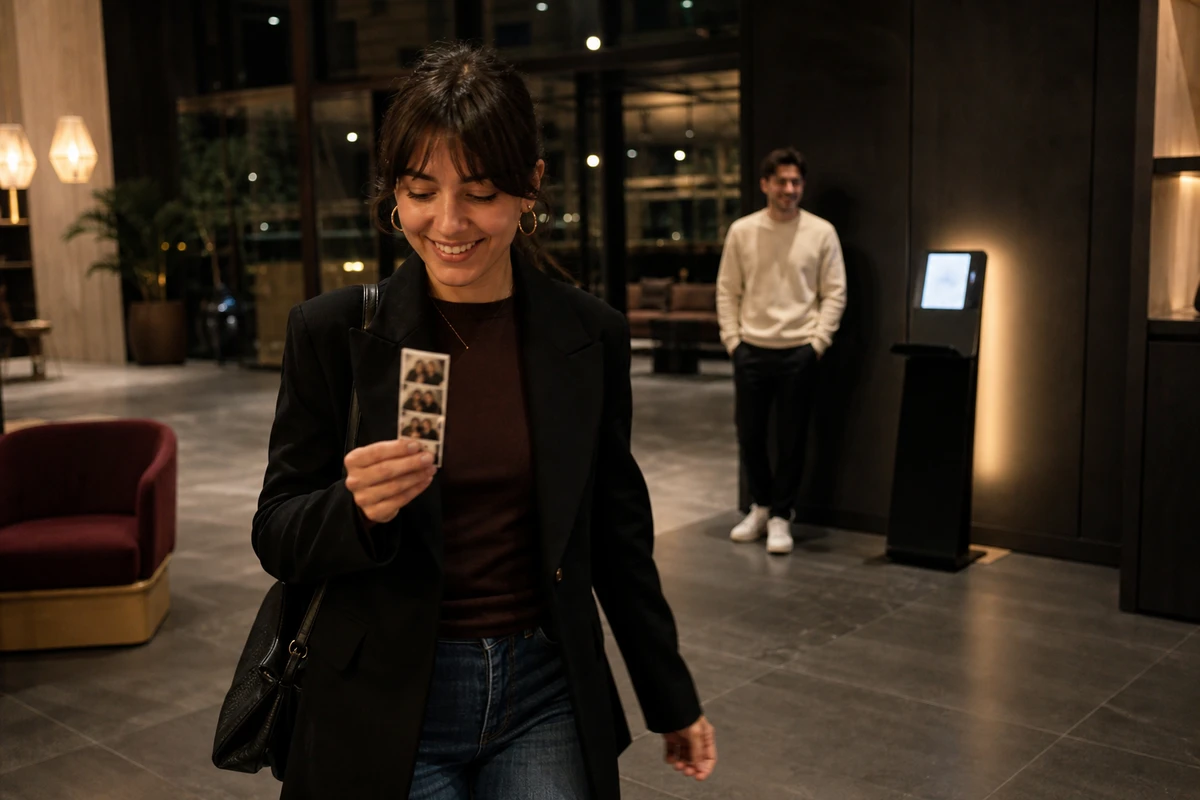 A hotel guest walks away from a permanent iPad photo-booth installation holding a freshly printed photo strip.