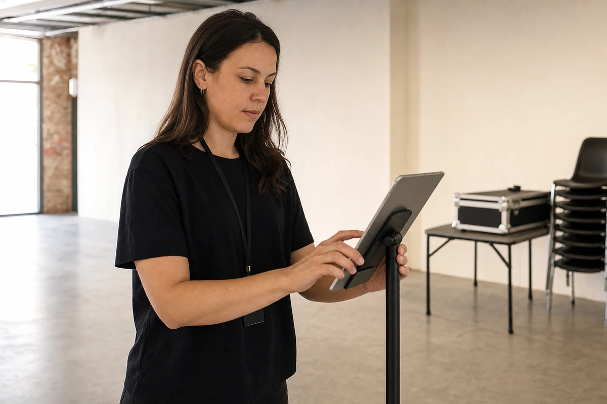 A photo-booth operator configures an iPad on a floor stand in an empty event venue before doors open.