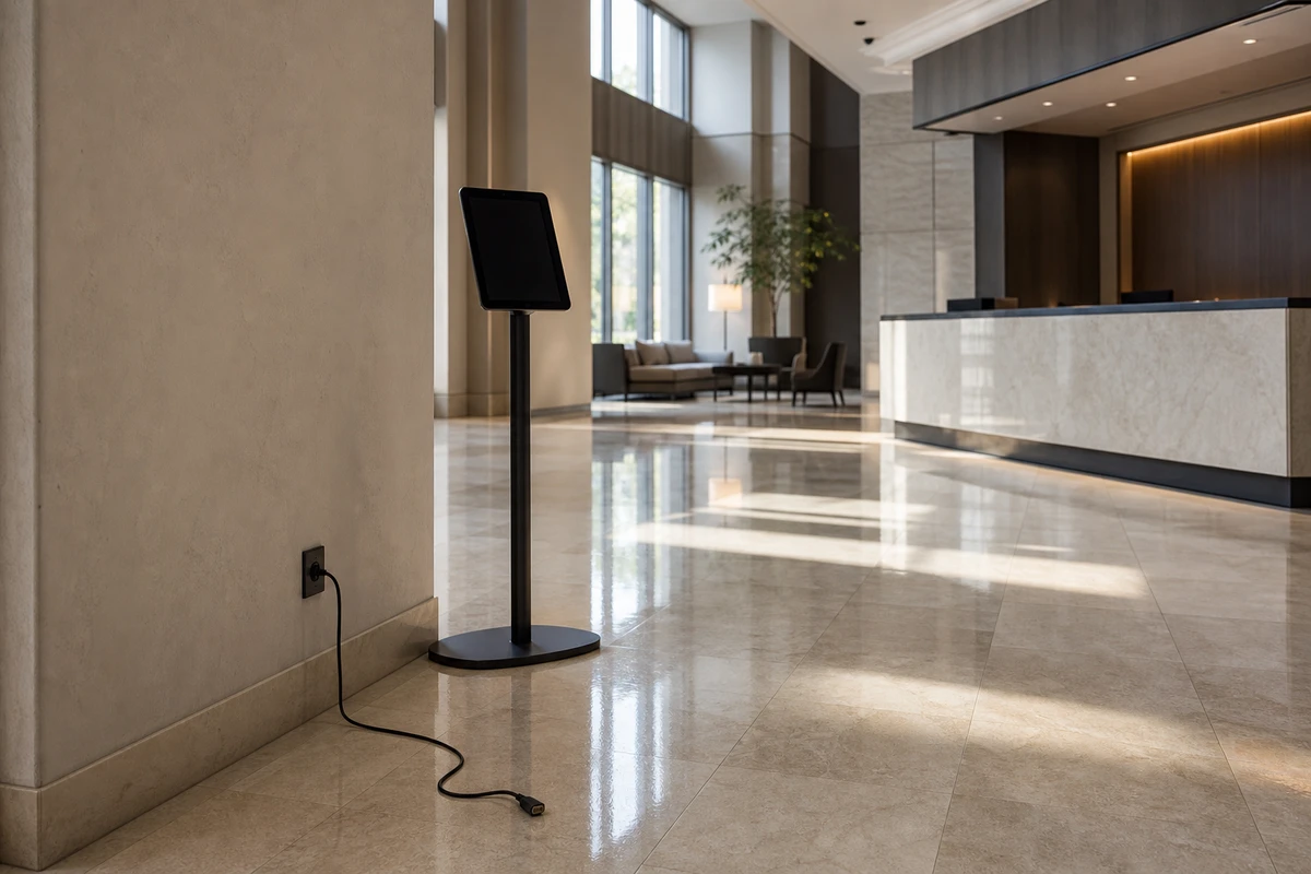 An unattended iPad sits dark on a stand in an empty hotel lobby at dawn with its charging cable disconnected on the floor.
