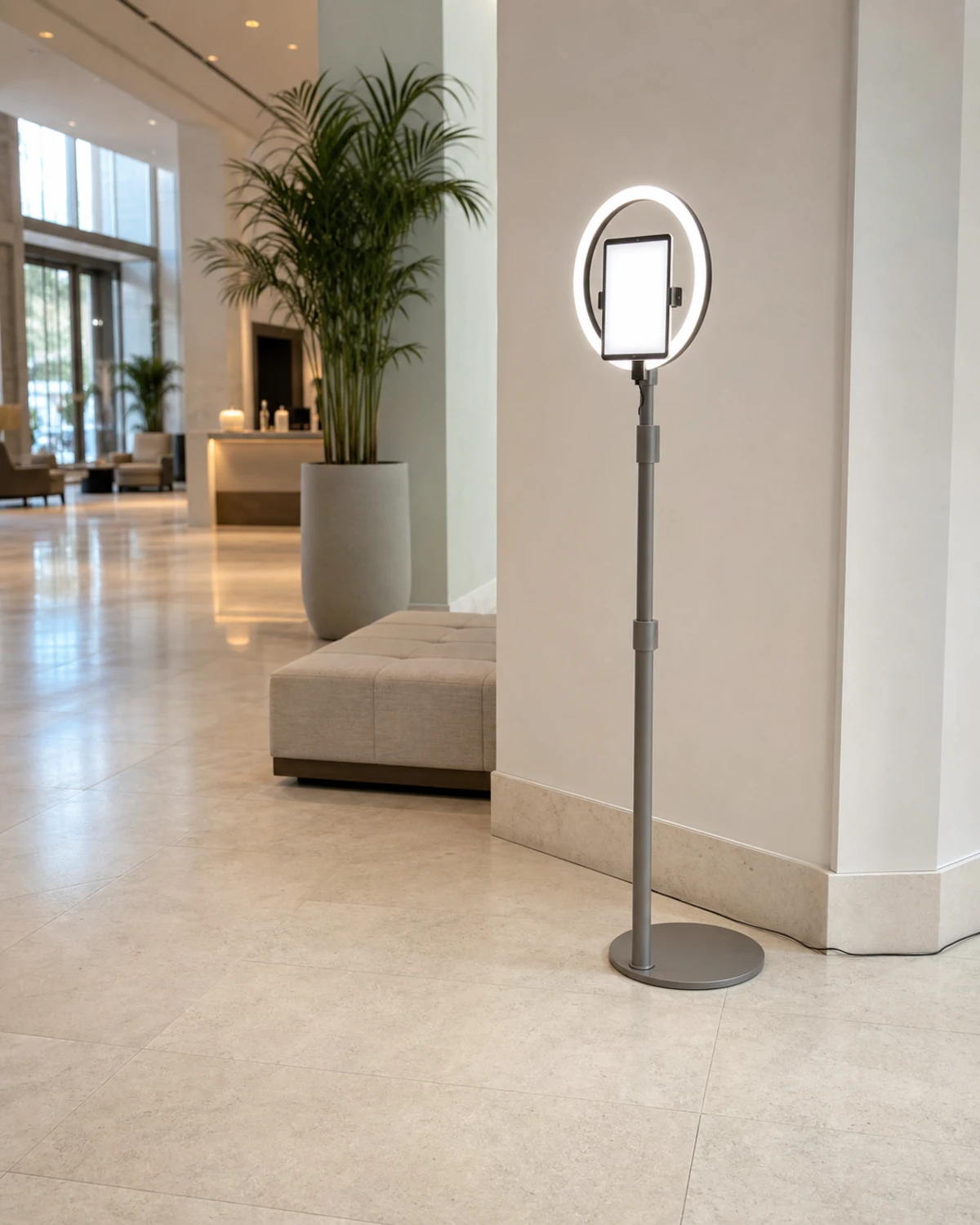 A single iPad photo booth on a ring-light stand placed in a hotel lobby lounge corner with clear floor space around it.
