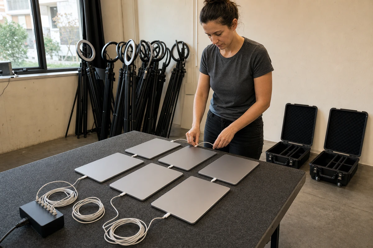 A photo-booth operator connecting charging cables to a grid of face-down iPads on a worktable while enrolling a fleet for management.