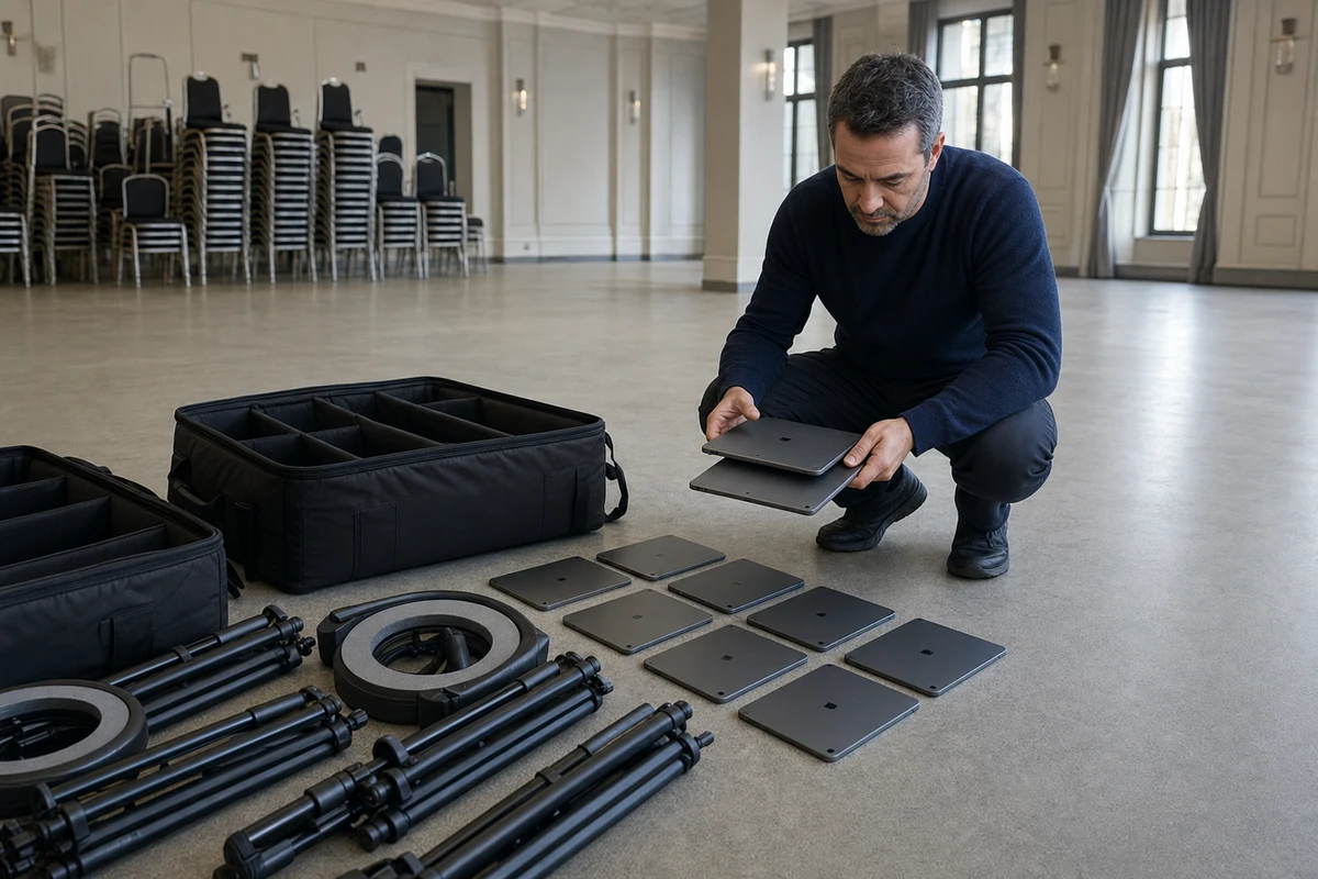 A photo-booth operator crouching in an emptied venue the morning after an event, checking and counting the iPads of the fleet.