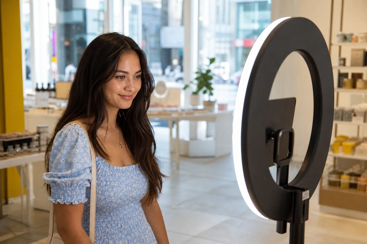 A single guest evenly lit by an iPad photo booth's LED ring light during a daytime retail-floor activation.