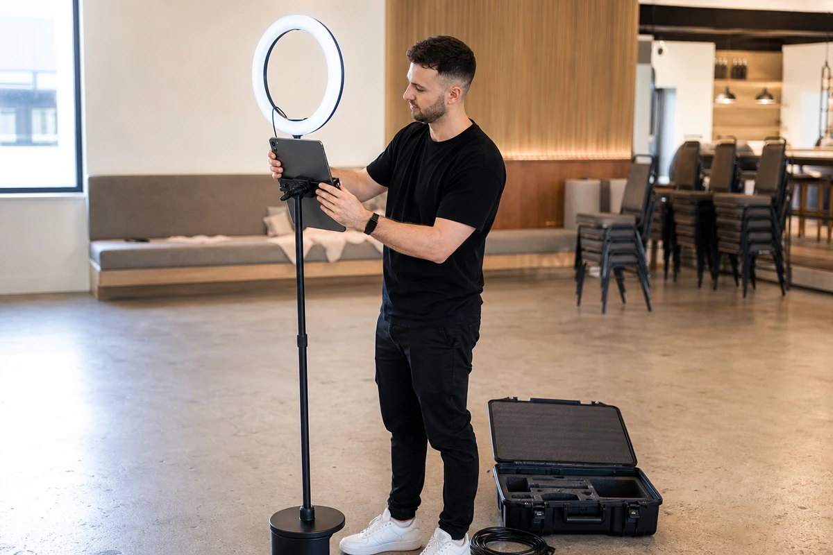 A photo-booth operator setting up a compact iPad booth and ring-light stand in an empty venue before an event.
