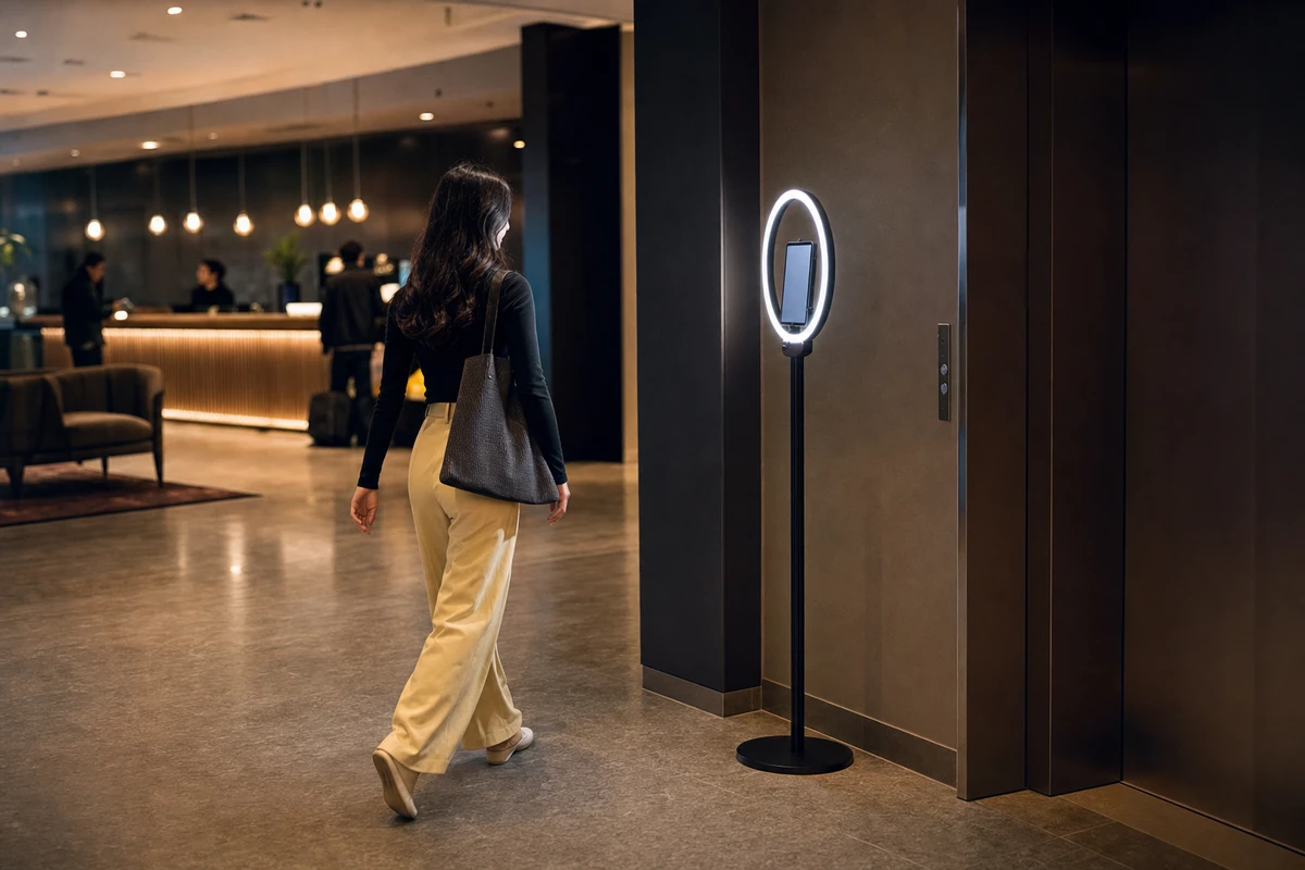 An always-on iPad photo booth standing unattended near the elevators of a hotel lobby as a guest walks up to use it.