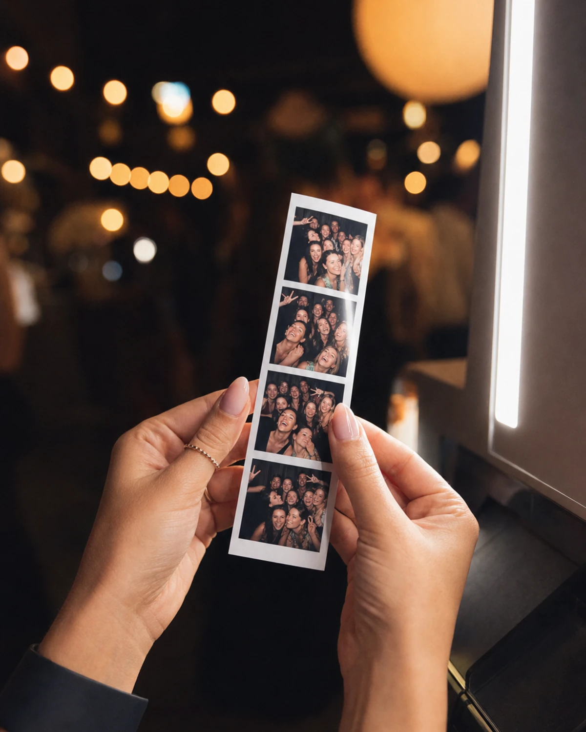 A guest's hands holding a freshly printed, crisp and evenly lit photo-booth strip in a dim venue with warm bokeh behind.
