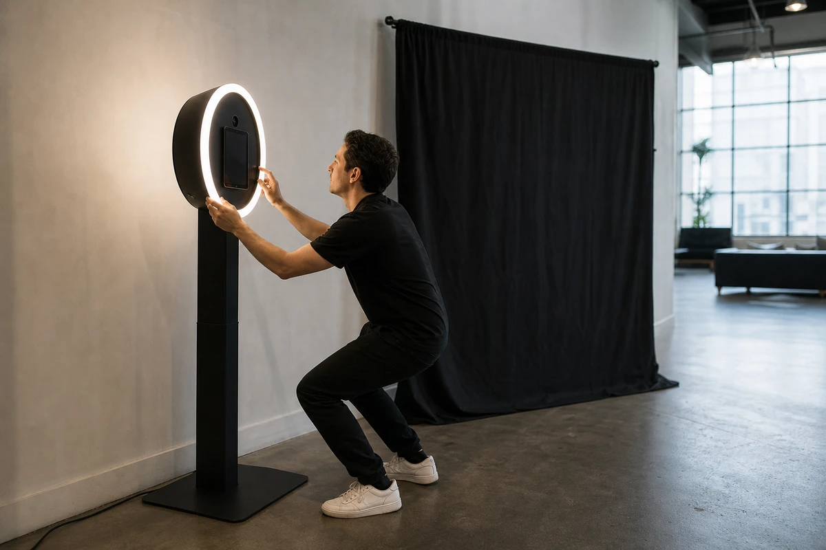 A photo-booth operator adjusting the ring light on a booth set against a windowless venue wall, with windows visible off to one side.
