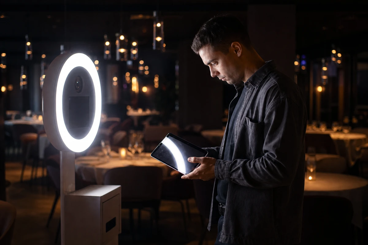 A venue staff member checking the booth's tablet during a pre-launch lighting test under dim dinner-service lighting, the ring light glowing.