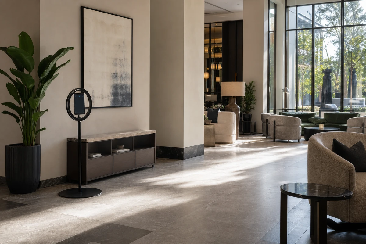 A photo booth installed as a permanent fixture in a hotel lobby lounge as afternoon daylight crosses the floor, leaving one side bright and one side in shadow.