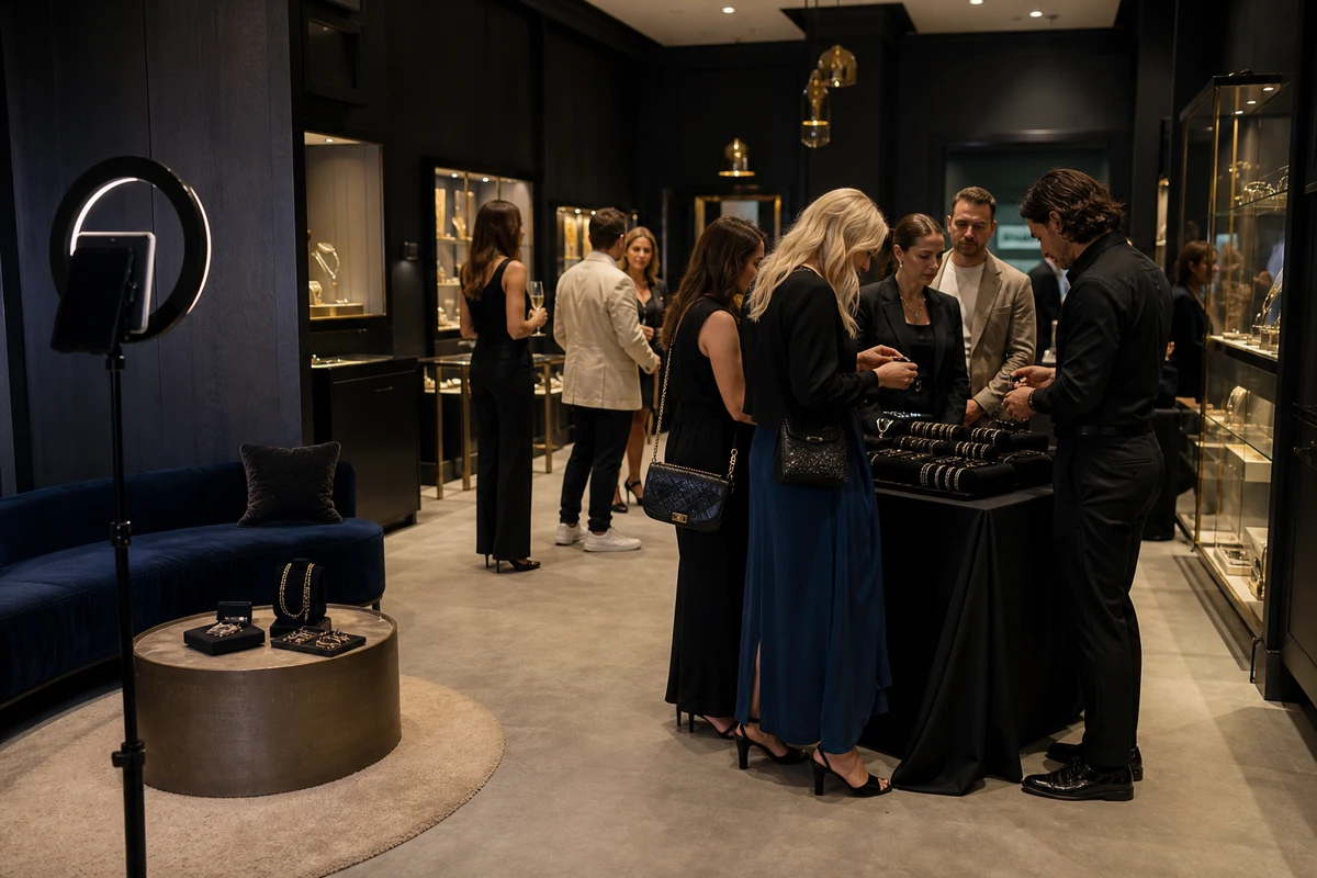 A wide elevated view of an upscale boutique floor arranged for a trunk show, with a central collection table, a lounge corner, and a photo station set off to one side with clear floor space.
