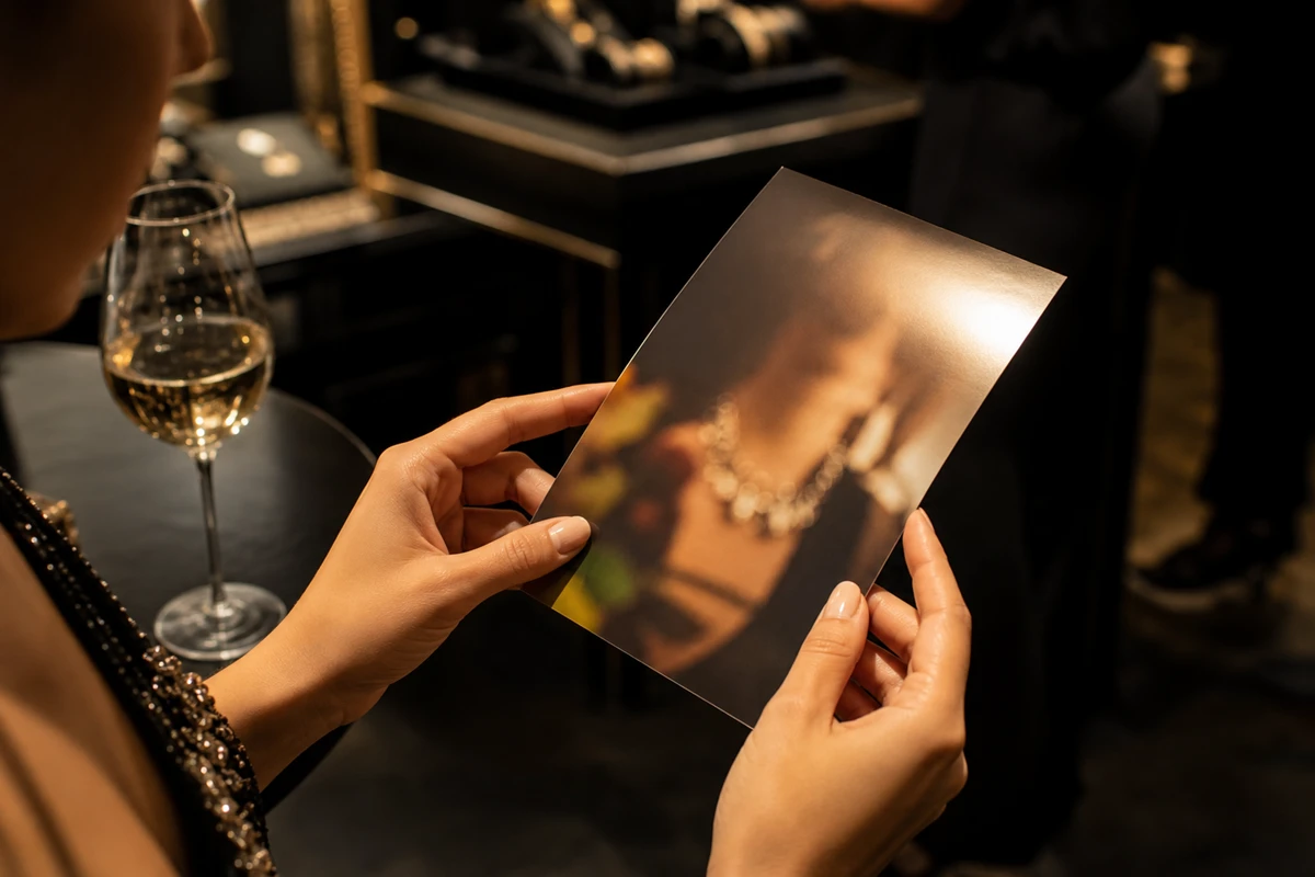 A client's hands hold a freshly printed photo of herself wearing a necklace, received at a boutique trunk show photo station.