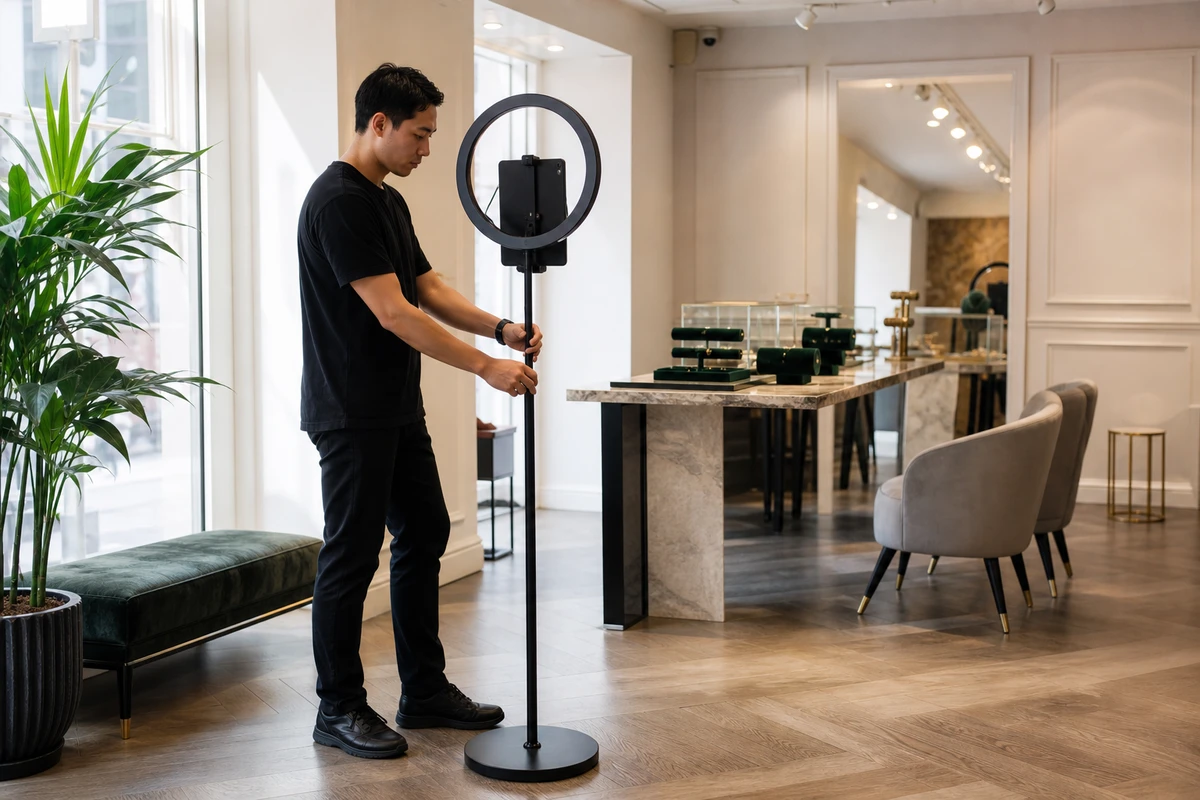 A photo-booth operator adjusts an iPad photo station on a ring-light stand in a boutique lounge corner while the room is prepared for an evening trunk show.