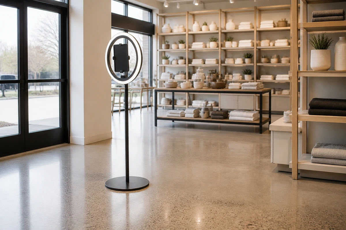 An iPad-on-ring-light photo booth set up on its own near a retail store entrance with clear floor space around it.