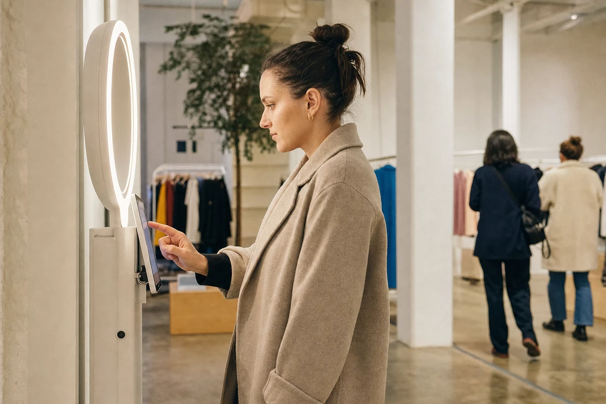 A guest in side profile tapping the photo booth's mounted iPad to enter her email address during a session.