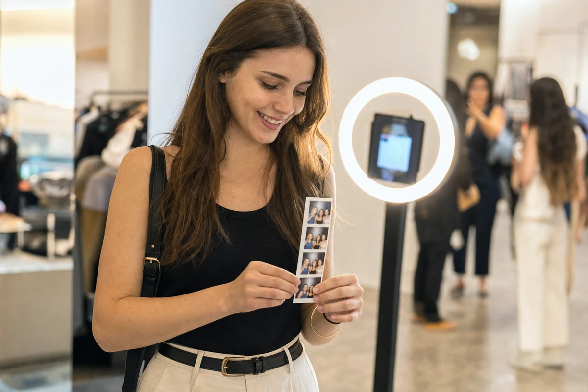 A guest holding a freshly printed photo strip from the booth and smiling at the images.