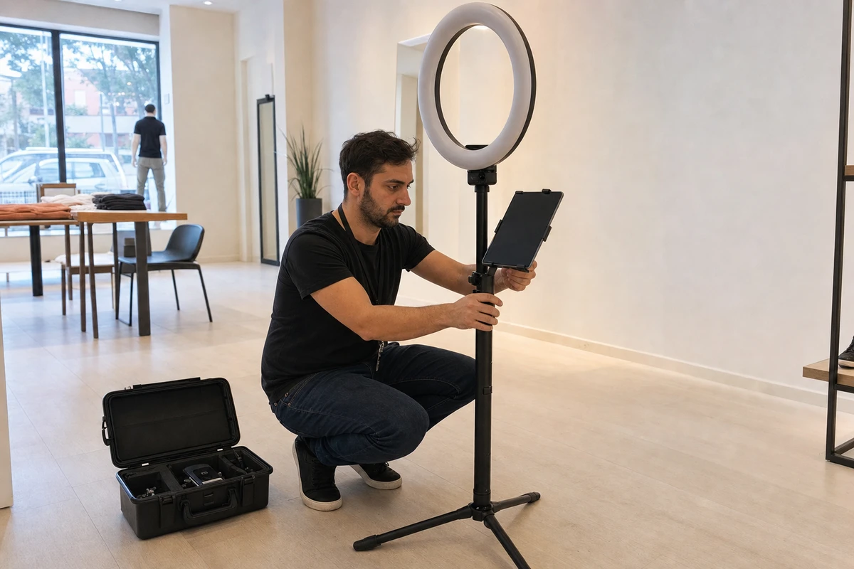 A photo-booth operator crouched beside a ring-light stand adjusting the iPad mount in an empty retail venue before opening.