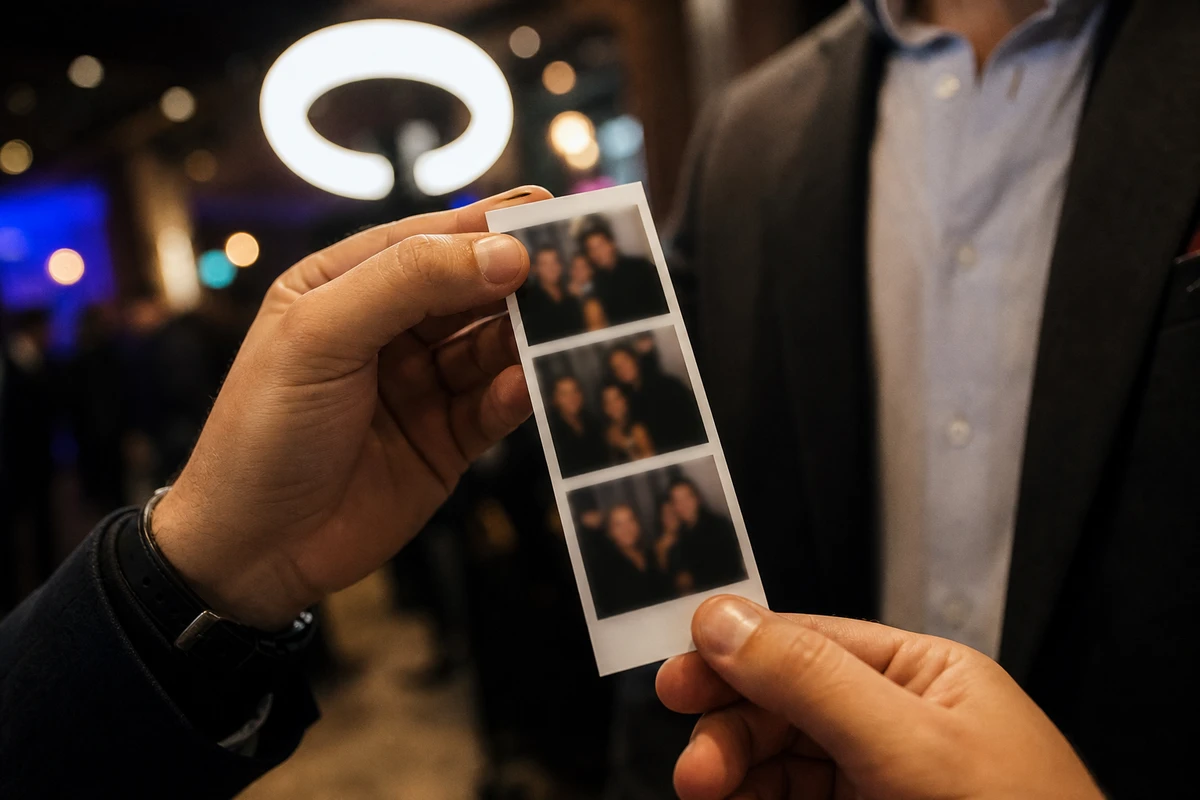 Two guests posing and laughing in front of a photo booth at the instant their photo is captured, illustrating one branded session, the unit behind the earned-media pricing formula.