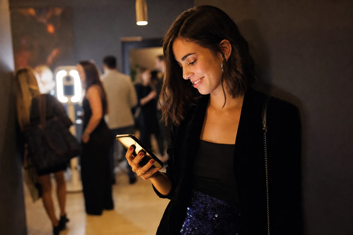 An event guest stands away from a photo booth, smiling at a phone held in one hand, illustrating the branded digital image leaving the venue with the guest.