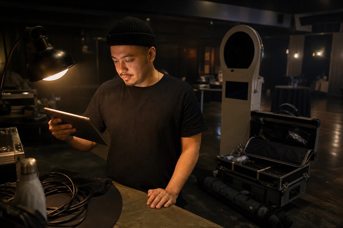 A photo-booth operator at a quiet side counter after an event, reviewing results on an angled tablet with the idle booth behind him, illustrating the post-event report that drives renewals.