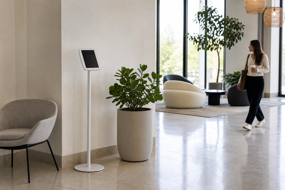 A photo-booth kit installed as a permanent fixture in a bright hotel lobby corner, with clear floor space around it, illustrating a standing venue install rather than a one-time event rental.