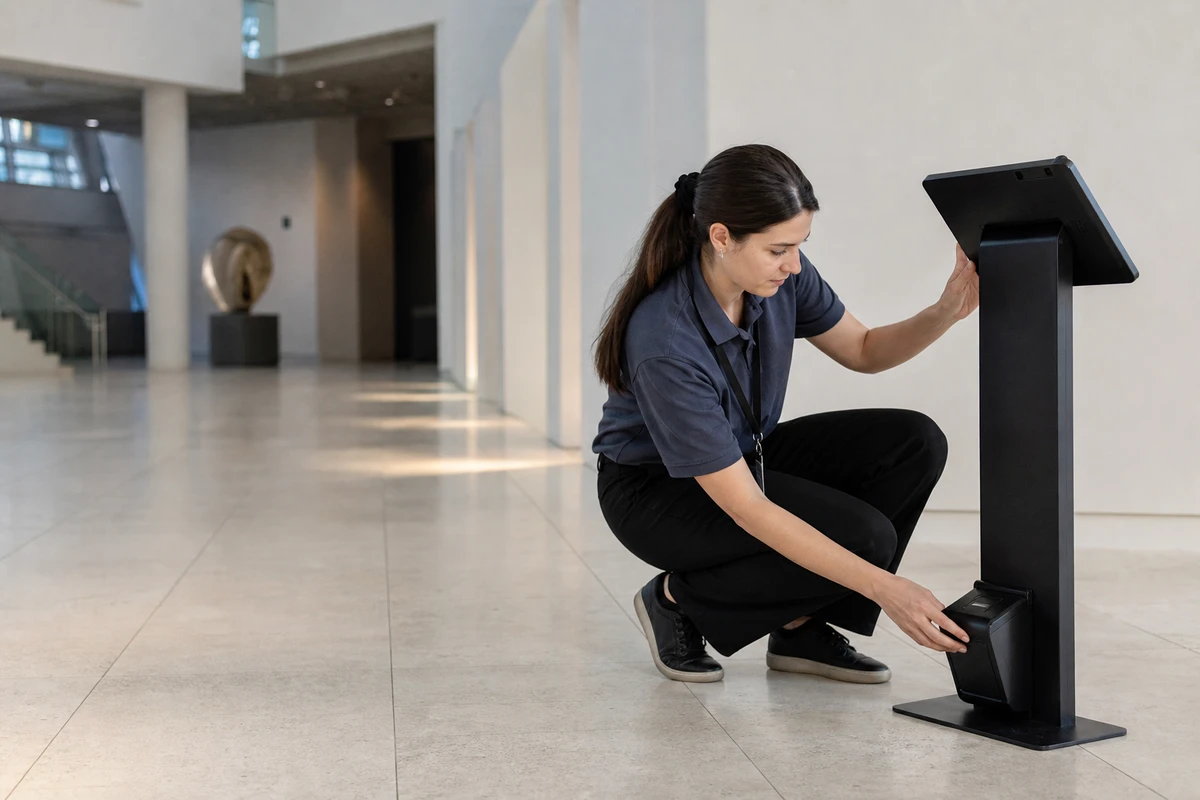 A museum staffer crouches beside the membership kiosk doing a pre-opening uptime check in an empty lobby.