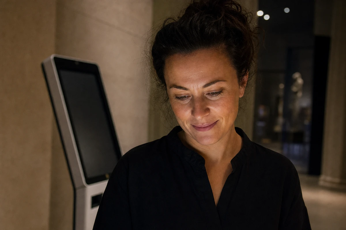 A museum operator's face is lit by the glow of a tablet as they review the membership kiosk's daily results after hours.