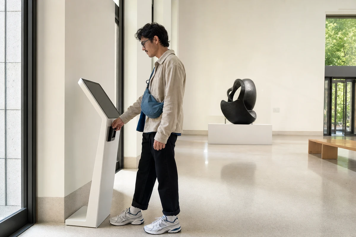 A single museum visitor reads a self-service membership kiosk alone in a quiet daylit lobby, with no staff nearby.