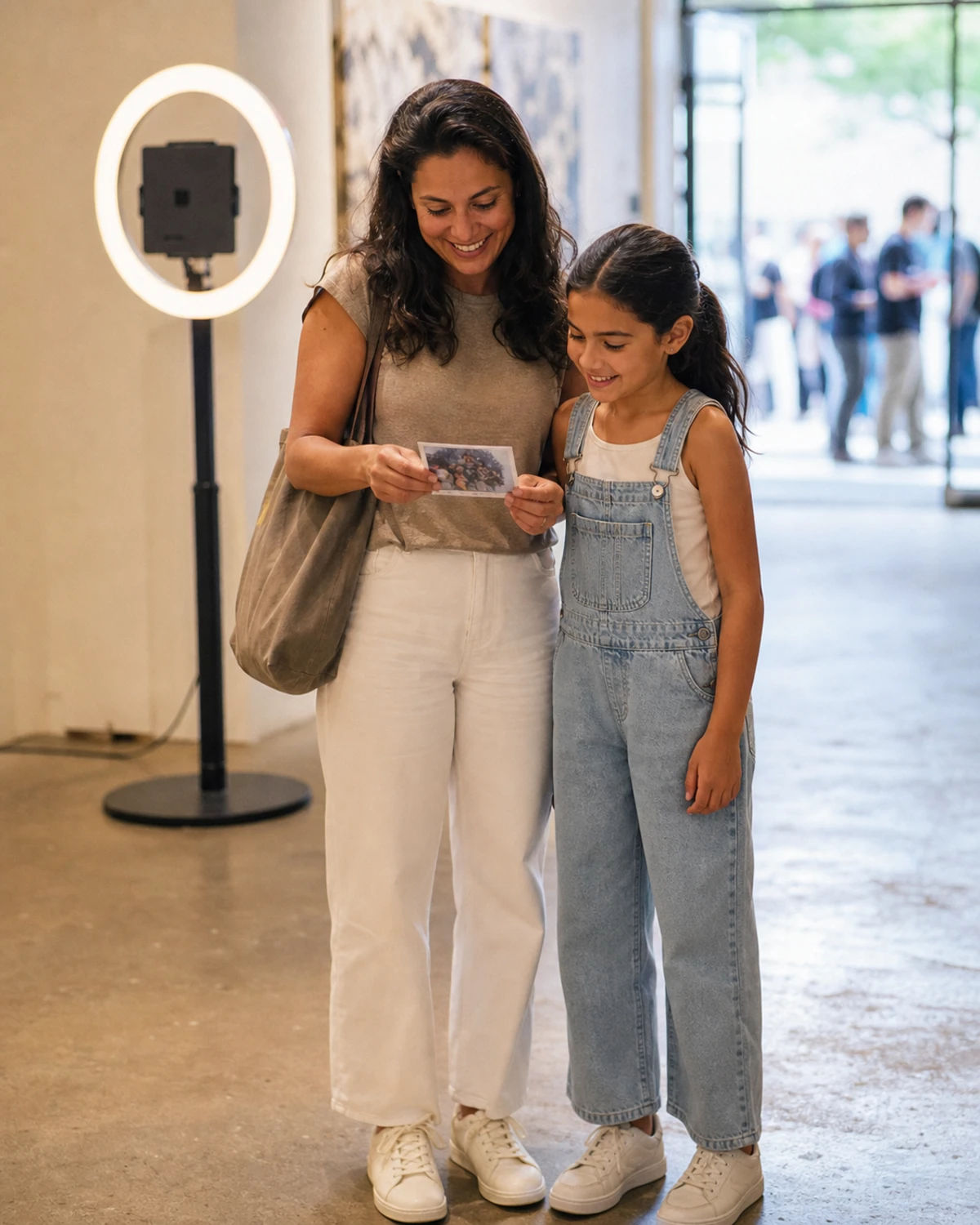 A parent and child look at a freshly printed photo of their museum visit beside the exit photo station.